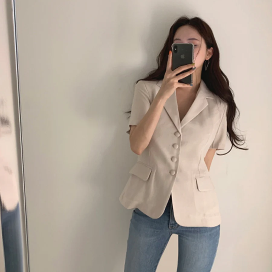 

Summer Korean Version Solid Color Suit Collar Simple Suit Lady Single-Breasted Slim Temperament Suit Girl Black Women'S Clothing