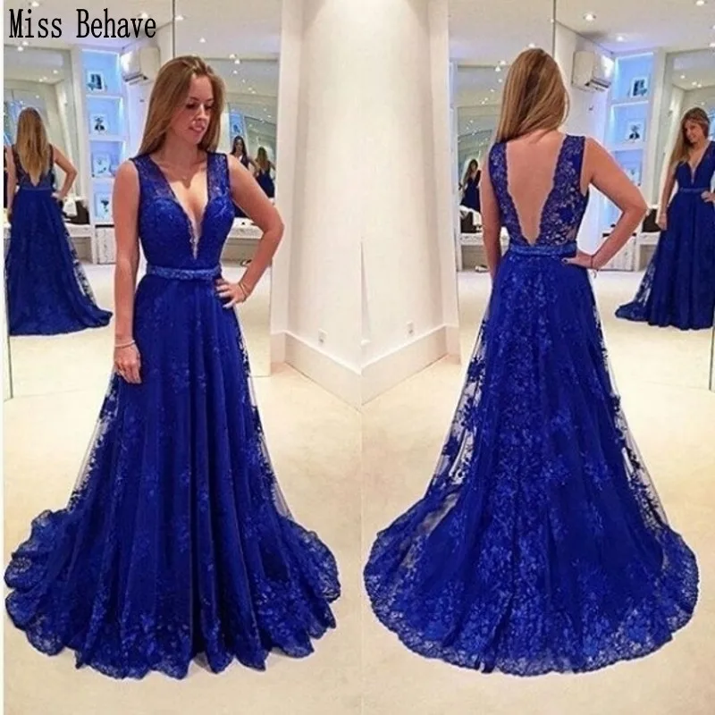 

DD JYOY Royal Blue Lace Evening Dress Long A Line Long Formal Dress Evening Gown Party Elegant V Neck Long Prom Dress Open Back