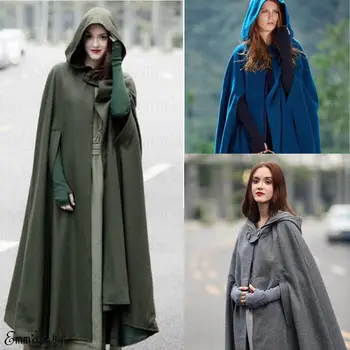 

Womens Lady Winter Warm Coat Wool Poncho Long Jacket Cloak Cape Parka Hooded Loose Cloak Outwear