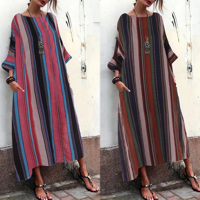 

Summer Bohemian Striped Maxi Dress ZANZEA 2019 Women's Sundress Fashion Casual Baggy Vestidos Female Beach Robe Oversized 5XL