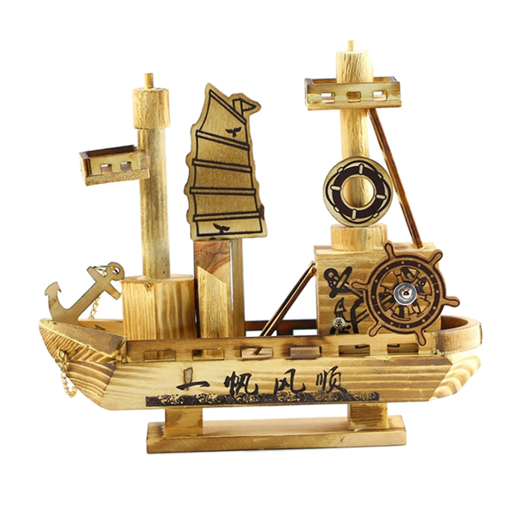 Creative Home Decoration, Wooden Crafts Sailing Figurine Small Wooden Boat Music Box, Ornaments Sailing Model Gift
