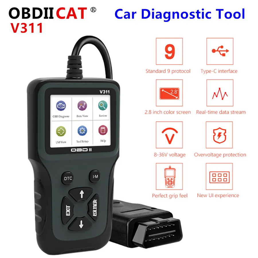 Автомобильный считыватель кодов OBD II, автомобильный диагностический инструмент OBDIICAT V311, сканер OBD2, ручной 4-язычный сканер с цветной ЖК-дисплеем и подсветкой