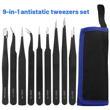 9 in 1 Tweezers Kit Anti Static Stainless Steel Forceps Hand Tools Set for Electronics Mobile Phone Repair BGA Work Tools