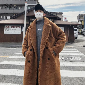 

Men Winter Warm Thicken Wool Long Jacket Korean Oversized Double Breasted Coat Casual Woolen Trench Teddy Plush Loose Overcoat