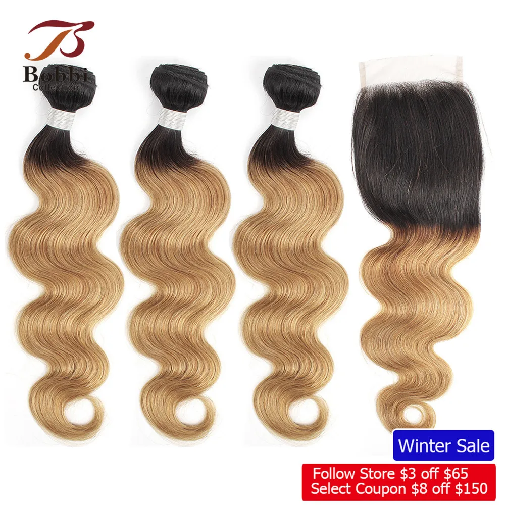 

BOBBI COLLECTION Brazilian Body Wave T 1B 27 Honey Blonde Ombre Hair Bundles With Closure Pre-Colored Non Remy Human Hair Weave