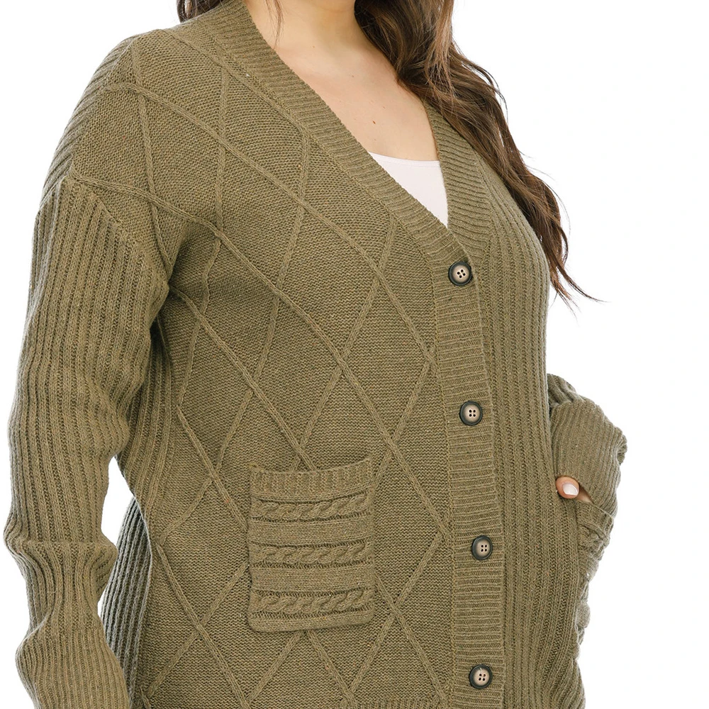 

Large Size Women's Clothing Autumn and Winter Thickening Double Pocket Striped Rhombus Button Sweater Solid Color Cardigan Coat