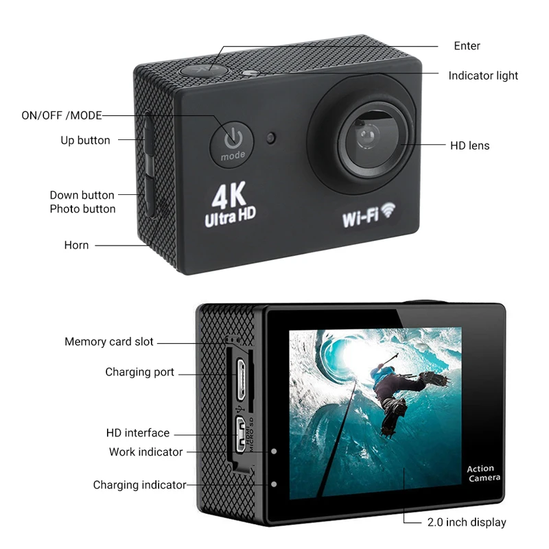 Original Ultra HD 4K/60fps Outdoor Action Camera WiFi 2.0“ Remote Control Sport Camera 1080P Underwater Waterproof Helmet Camera