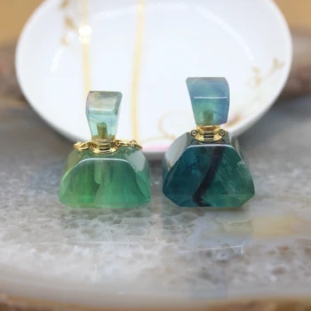 

Natural Fluorite Perfume Bottle gold Chain,Raw Quartz Crystal Faceted Essential Oil Diffuser Vial Pendants Necklace Jewelry Gift