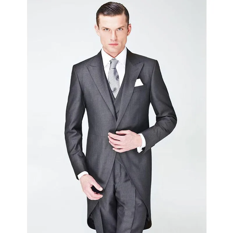 

High Quality Peaked Lapel Gray Men Suits Slim Fit Costume Homme Marriage Fashion Men Blazer Pants(Jacket+Pant+Tie+Vest)A213