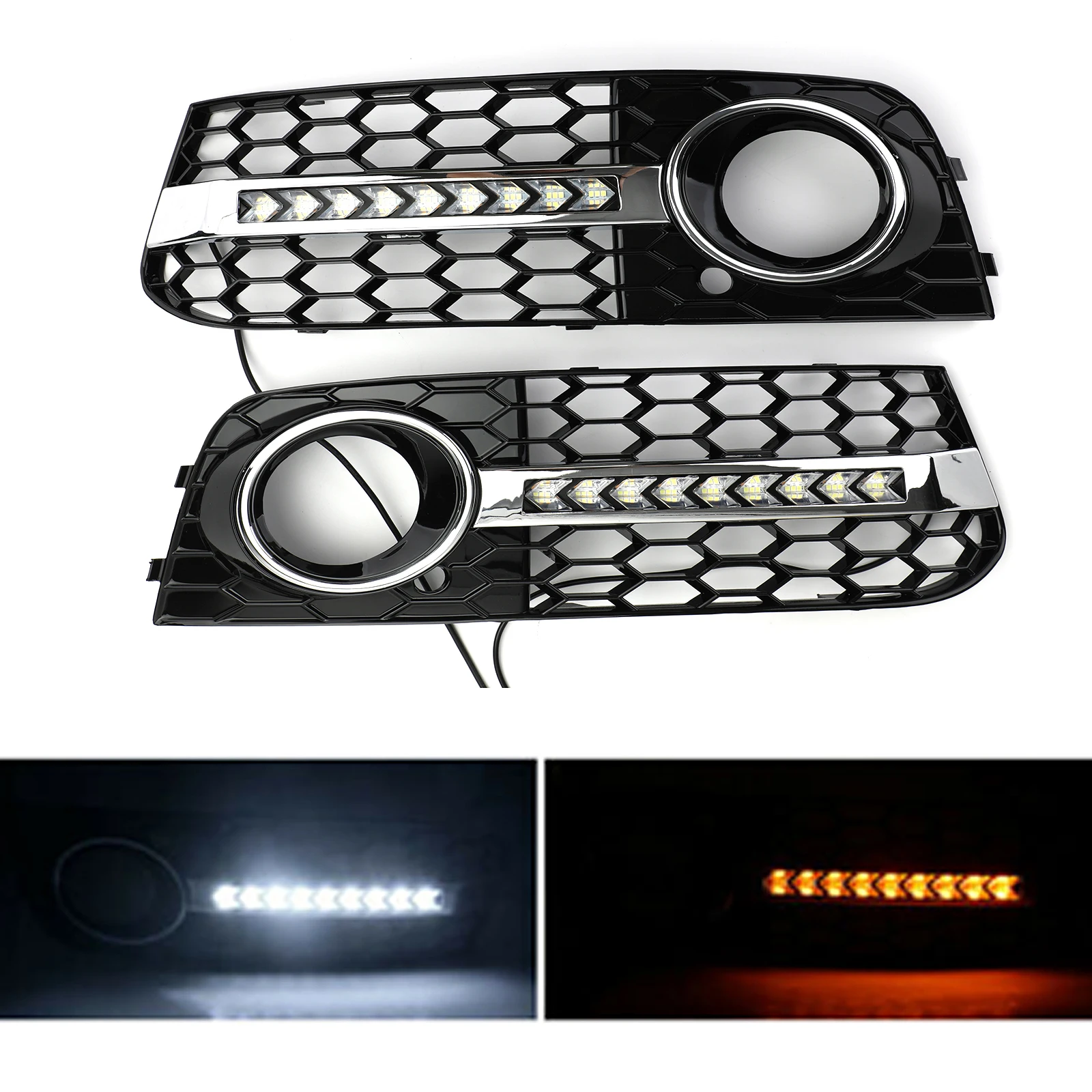 Areyourshop Flowing LED Honeycomb Mesh Grille Fog Light Turn Signal DRL For AUDI A4 B8 2009-2011 Fog Light Grille Car Auto Parts