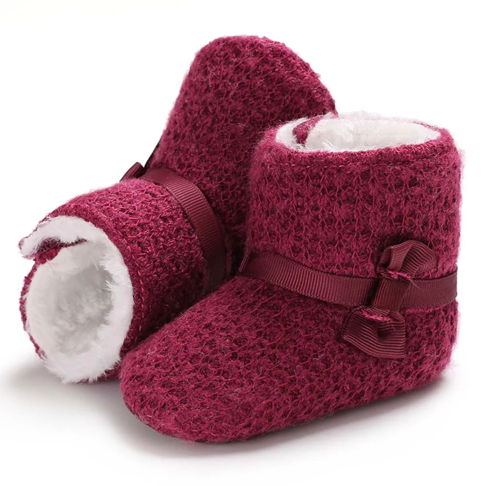 Winter Warm Knit Fleece Baby Shoes Beautiful Bowknot Ankle Snow Boots for Girl First Walkers Knot Anti-slip Toddler Princess