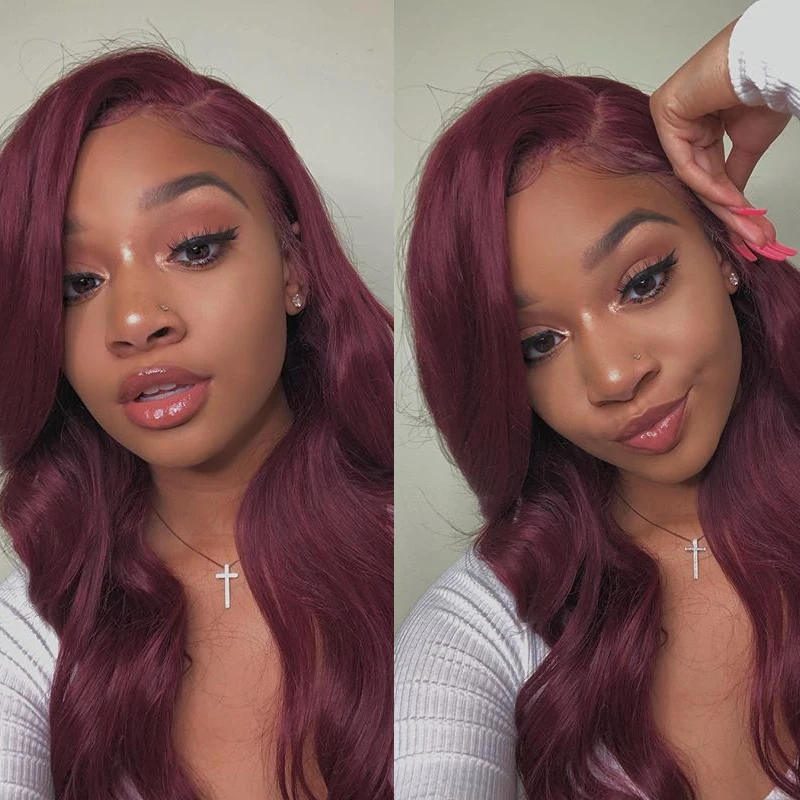 #99J Body Wave Lace Front Human Hair Wigs Pre Pluecked With Baby Hair Colored Red Full Wavy Colorful Wig