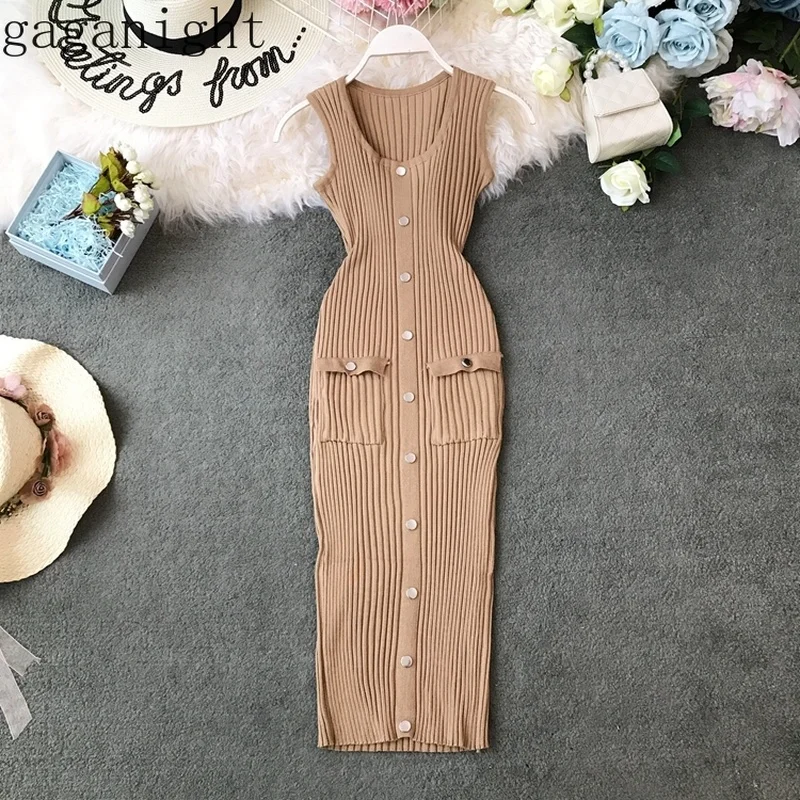 

Gaganight Chic Solid Knitted Women Maxi Dress Pocket Button Sleeveless Tank Party Dresses Slim Straight Korea Summer Vestidos