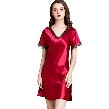 

Red Sexy Lingerie Dress Silk Womens Sleepwear Lace V-neck Night Dress Short Sleeve Stain Nightgown Womens Clothing Night Wear