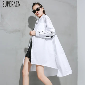 

SuperAen Europe 2020 Spring New Printed Women Shirts Irregular Pluz Size Wild Ladies Blouses Fashion Cotton Women Clothing