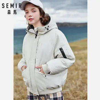 

SEMIR Women Hooded Down Jacket with Pocket Zip&Snap Closure Down Filling Padded Jacket with Drawstring Hood Ribbed Cuffs and Hem