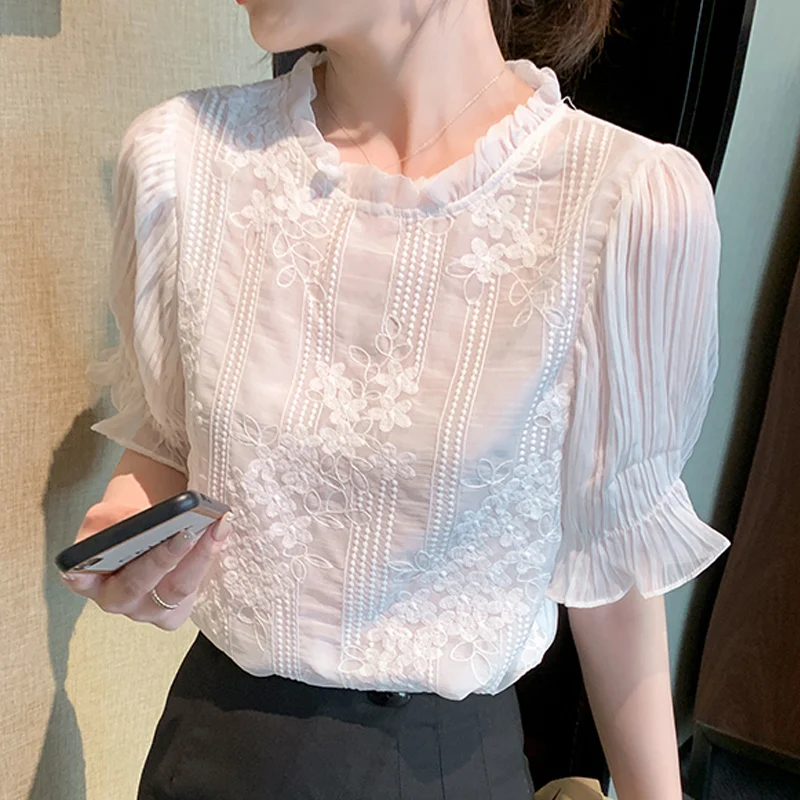 Элегантная женская шифоновая блузка летняя белая рубашка повседневные