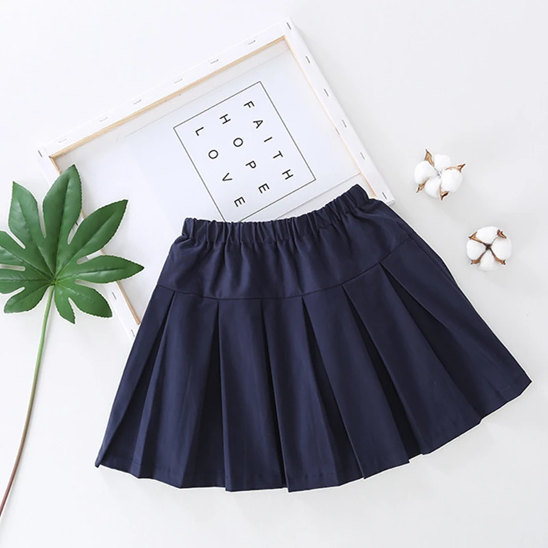Spring Autumn School Kids Pleated Skirt Toddler Girls Solid Cotton Skirts Princess Teens Girls Elastic Skirt Children Clothing