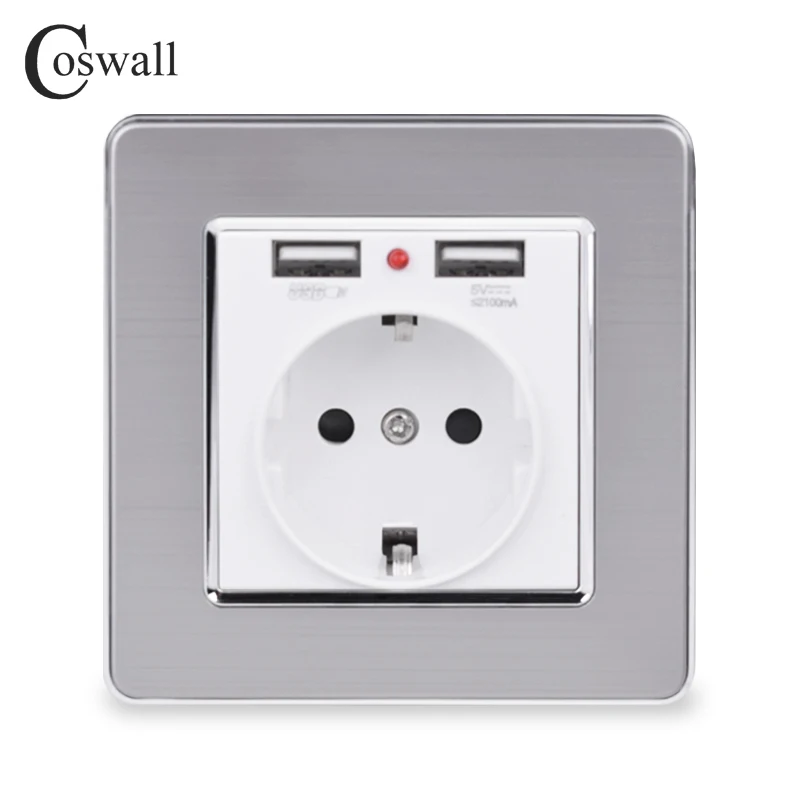 Coswall, двойной usb порт для зарядки, 5 В, 2,1 А, светодиодный индикатор, 16А, настенная розетка европейского стандарта, панель из нержавеющей стали, серый, черный, белый, золотой