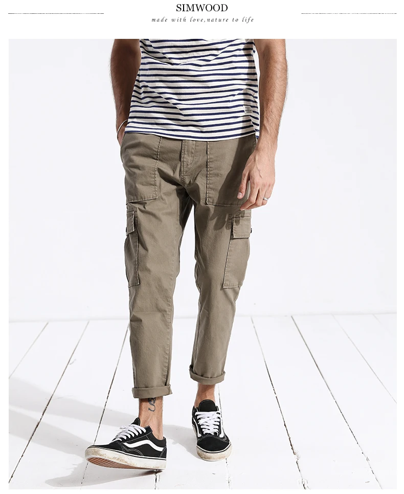 Демисезонные мужские брюки-карго SIMWOOD, легкие свободные штаны с большими карманами на ногах,, винтажные брюки длиной до щиколотки в стиле «Хип-хоп», 180329