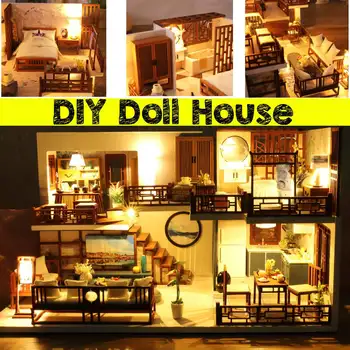 

Musical DIY Wooden Doll House Miniature Dollhouse Furniture Kit Dust Cover 7 LED Light Battery Case Kit Toys For Children Gift