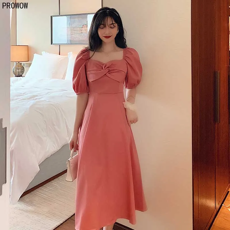 2020 Summer Puff Sleeve Dress Female French Retro Chiffon Bow Square Collar Dress Korean Elegant Party Ladies Waist Midi Dresses
