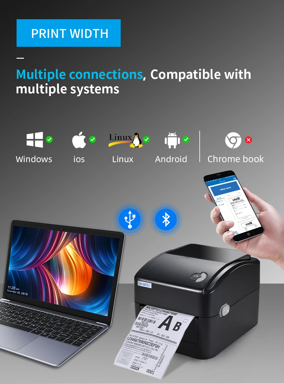 Vretti 420B Wireless Bluetooth Shipping Label Printer 4*6 Thermal Printer Express Black White Barcode Printer Label Holder POS
