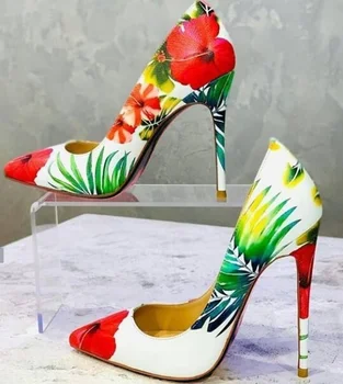 

Sexy Spring Flower Printed High Heel Pumps 8cm 10cm 12 cm Stiletto Heels Dress Shoes Pointed Toe Shallow Patchwork Wedding Shoe