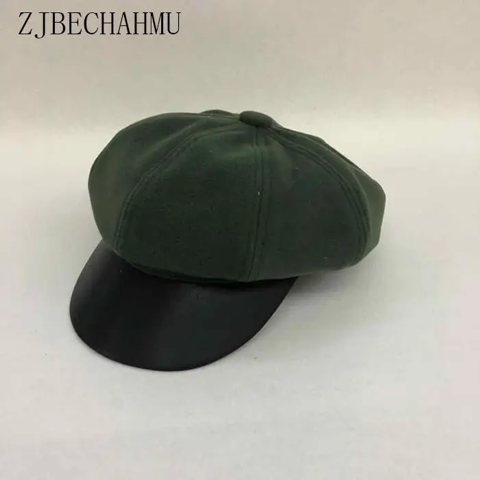 

New Beret Female Autumn Winter Hats For Women Ladies Pu Wool Leather Beret Cap Boina Feminina Gorras Bone Vintage England Black