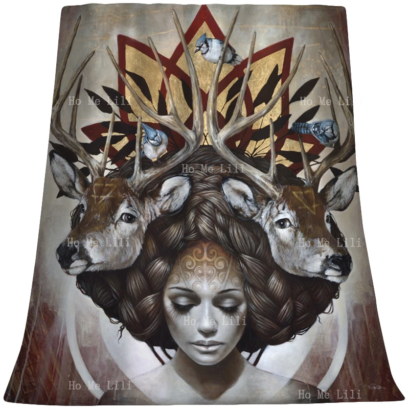 Magical Realism Deer Head Girl Animal Totem The Autumnal Equinox Woman  Flannel Blanket Art Of Living In Harmony With Nature|Blankets| - AliExpress