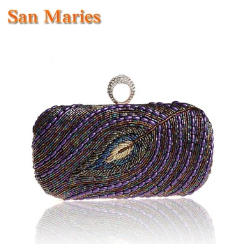 

San Maries Fashion Boutique Sequined Peacock Elegant Ring Evening Purse Bridal Clutch Bag Wedding Party Frame Handbag Unique