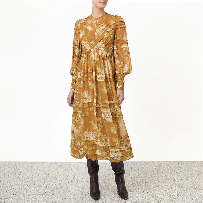 

Runway Designer Women Midi Dress 2019 High Quality O Neck Long Sleeve Floral Print Dress Bohemian Beach Party Yellow White Dress