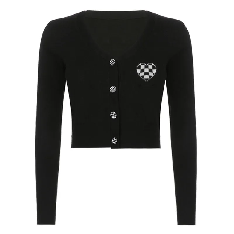 

Autumn Fashion V-neck Cardigan Love Heart Checkerboard Sweater