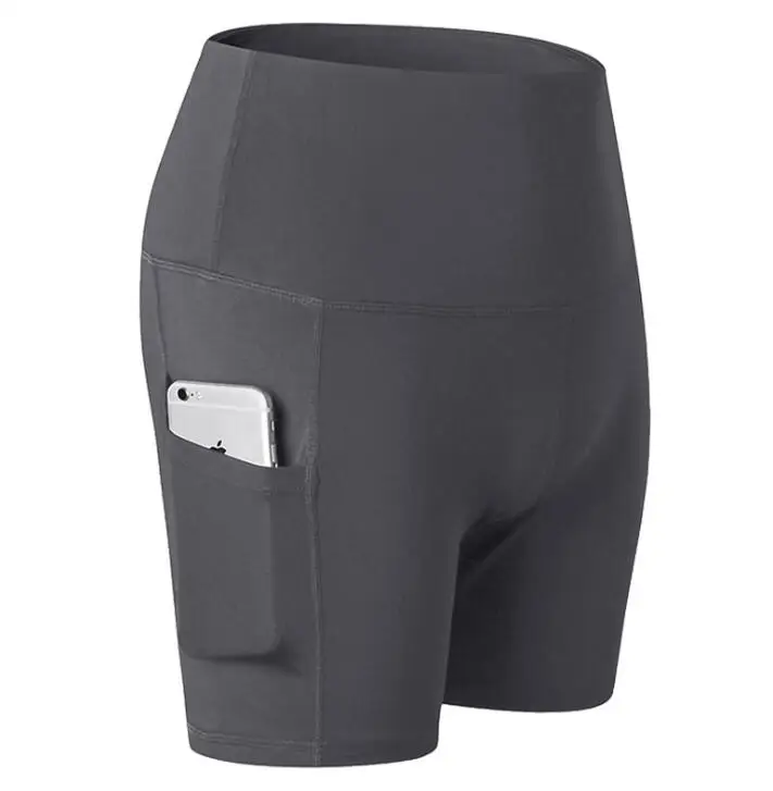 Dark grey Высокая талия одежда для йоги Бег Компрессионные шорты для мобильного телефона для женщин животик контроль боковые карманы спортивные шорты для спортзала сплошной цвет - Цвет: Dark grey