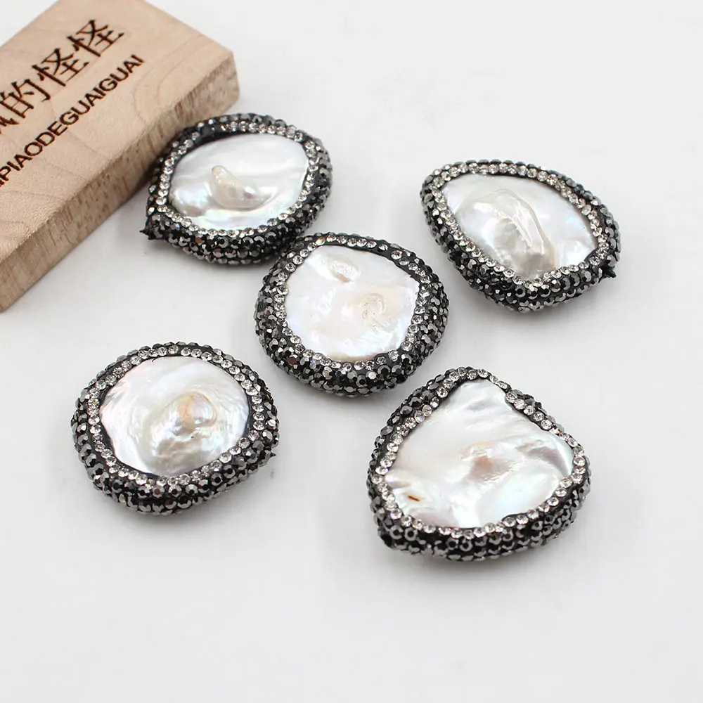 APDGG Wholesale 5PCS Freshwater Cultured White Coin Keshi Pearl CZ Paved Beads Findings Loose Beads For Women Necklace DIY