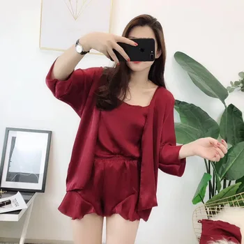 

Pajamas Women's Spring and Autumn Viscose Four-piece Set Summer WOMEN'S Suit Short Sleeve Sexy Thin Model Silk Home Wear
