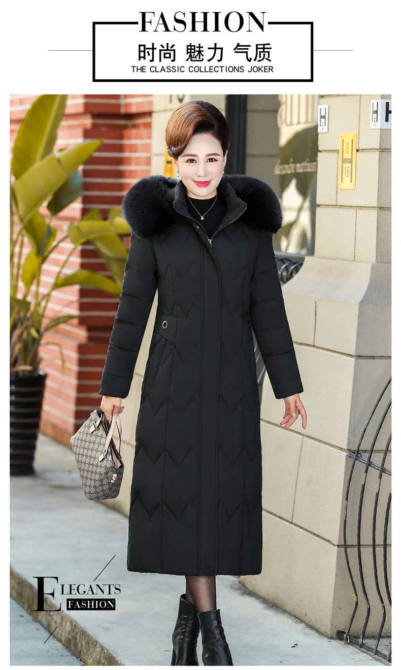 Новинка года, модное женское зимнее пуховое хлопковое приталенное длинное пальто для девочек, Модная хлопковая куртка с меховым воротником и капюшоном большого размера