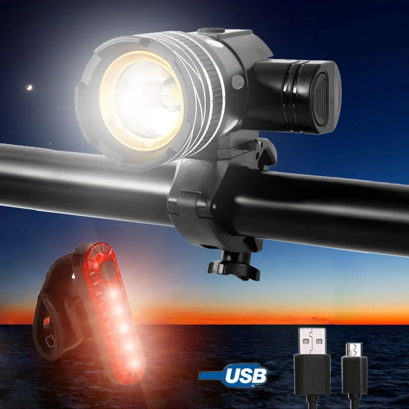 

Upgrade Zoomable USB Rechargable Bicycle Lamp 3 Modes Front Bike Head Lamp Built-in Battery Torch with Rotating Bracket