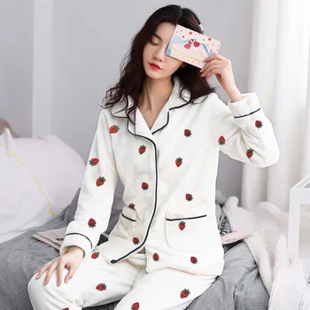 

Winter Pajamas Flannel Pyjamas Women Sleepwear Add Fleece and Thicken Nightgown Cartoon Cardigan Coral Velvet Nighty Plus Size
