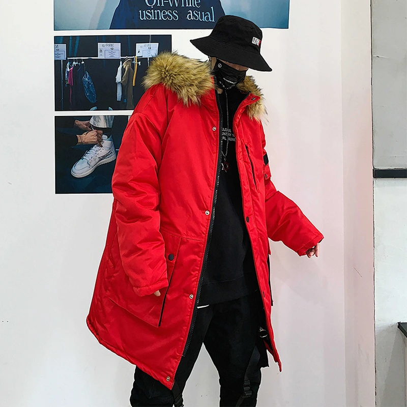 

US Size Yellow Red Winter Parkas Men Streetwear Thick Coat Long Pocket 2019 Fashion Casual Harajuku Warm Jacket Couple DG271