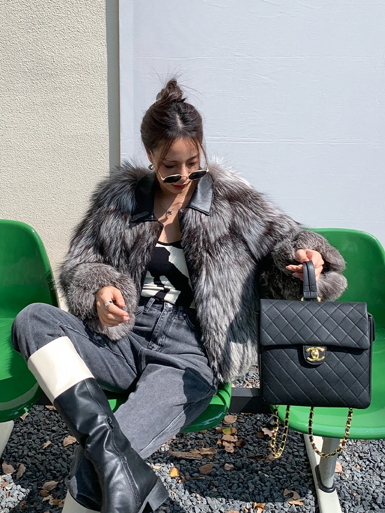 Short Natural Silver Fox Fur Jacket Leather Collar Overcoats Female 2022 New Winter Genuine Full Pelt Silver Fox Fur Coats Women