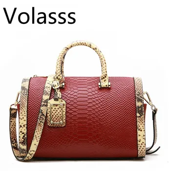 

Genuine Leather Boston Bag Handbag For Women Serpentine Embossed Shoulder Bags Casual Tote Large Capacity Pillow Pochette Femme