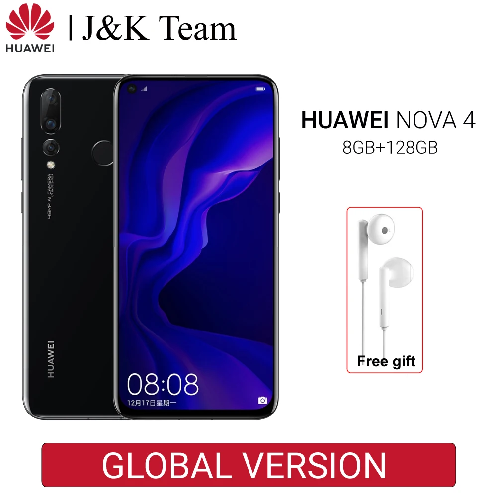 Huawei Nova 4 8GB 128GB 48MP Triple Camera Mobile Phone Android 9.0 Pie 6.4 inch Screen 3750mAh Battery Smartphone