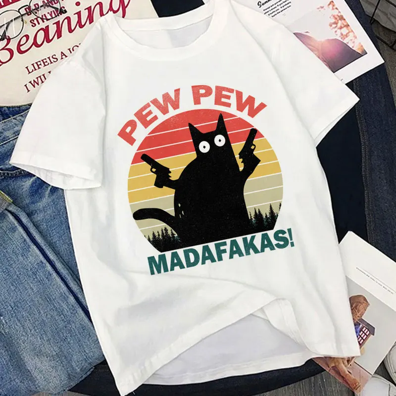 Черная кошка Pew Madafakas забавная Гангстер женская футболка с короткими рукавами