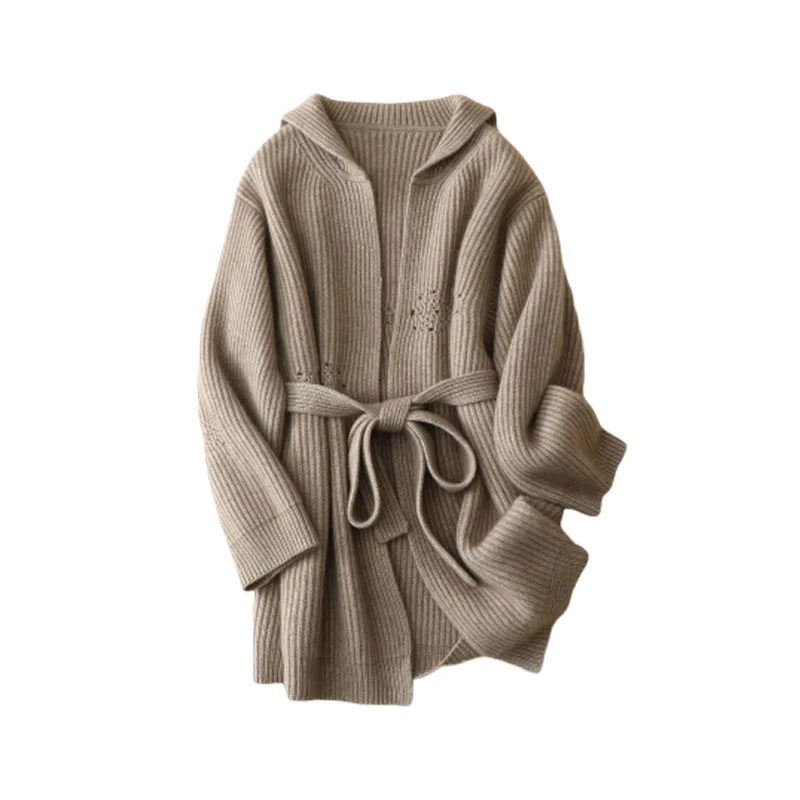 

Crew Neck Lace Up 100% Cashmere Thick Cardigan Winter Warm Sweater Belt High Street Solid Woman Sweaters Outwear