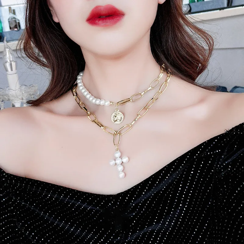SHIFEEL 2019 New Fashion Europe&ampAmerica Pearl Cross Queen coin Clavicular chain Short Double Necklace choker Collar For Women | Украшения