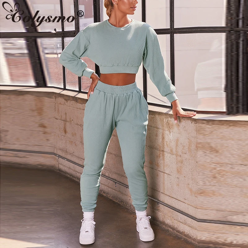 

Colysmo Fall Women Tracksuit Long Sleeve Round Neck Crop Top Elastic Sweatpants Set Lady Long Trousers Sportswear Casual Outfits