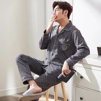 

Cotton Men's Pajamas Long-Sleeved Men Pajamas Cotton Thin Section Green Middle-aged Spring and Autumn Homewear Set