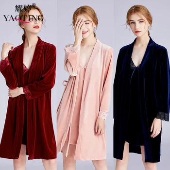 

YAO TING Velvety pajama for women sexy lace autumn comfortable and winter gown with halter two sets of home wear