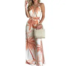 

Sexy Women Jumpsuit Deep V Neck Sleeveless Floral Tree Print Wide Leg Slit Hem Backless Halter Loose Romper Overall for Party